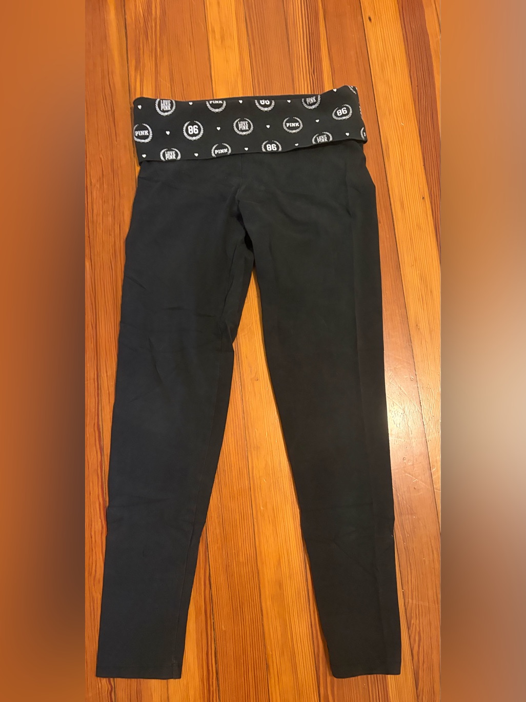 Vintage Pink Victoria's Secret Black Fold-Over Waist Leggings With Logo Band